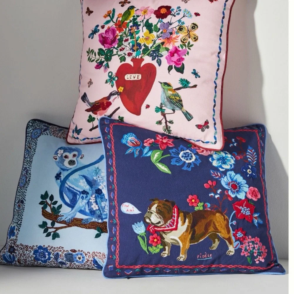 NWT Anthro Nathalie Lete Embroidered Bulldog Floral Whimsical Pillow 18x18